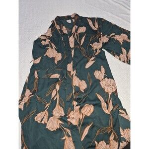 a new day Satin Floral Print Tie Robe Green Beige Long Sleeve OSFM